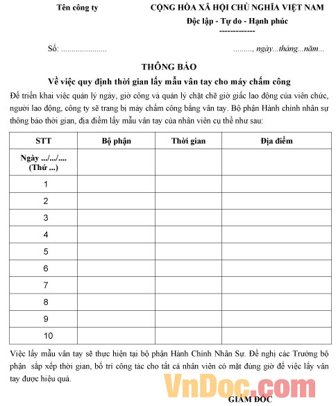 Mẫu thông báo lấy mẫu vân tay chấm công