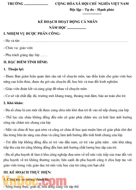 Mẫu kế hoạch cá nhân của giáo viên Mầm non năm học 2017-2018