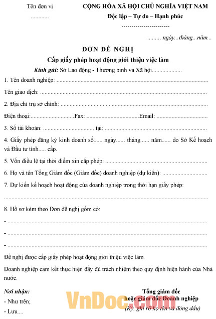Mẫu đơn đề nghị cấp giấy phép hoạt động giới thiệu việc làm