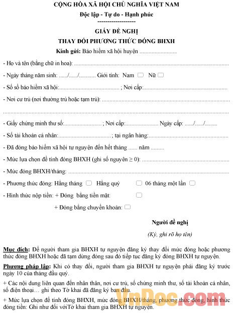 Mẫu giấy thay đổi phương thức đóng BHXH