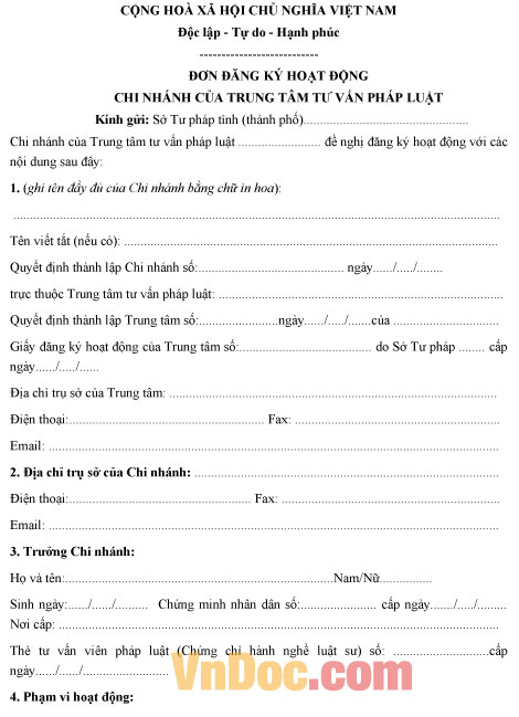 Mẫu đơn đăng ký hoạt động của chi nhánh trung tâm tư vấn Luật