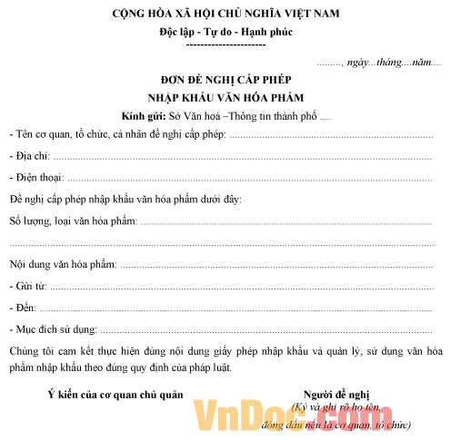 Mẫu đơn đề nghị cấp phép nhập khẩu văn hóa phẩm