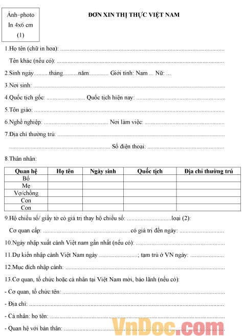 Mẫu đơn xin thị thực Việt Nam