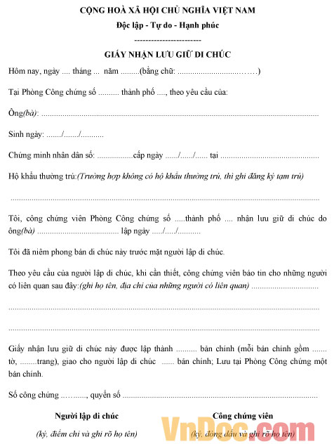 Mẫu giấy nhận lưu giữ di chúc