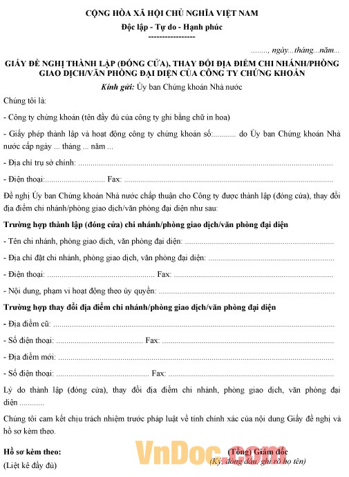 Mẫu giấy đề nghị đóng cửa chi nhánh công ty chứng khoán