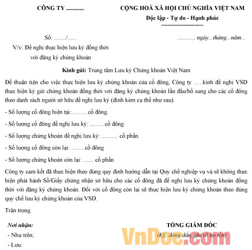 Mẫu giấy đề nghị thực hiện lưu ký đồng thời với đăng ký chứng khoán