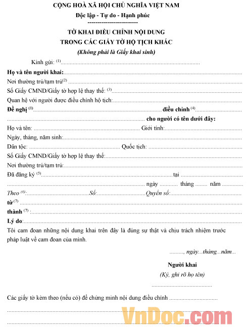 Mẫu tờ khai điều chỉnh nội dung trong Giấy tờ hộ tịch khác