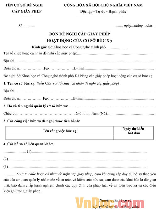 Mẫu đơn đề nghị cấp giấy phép hoạt động của cơ sở bức xạ