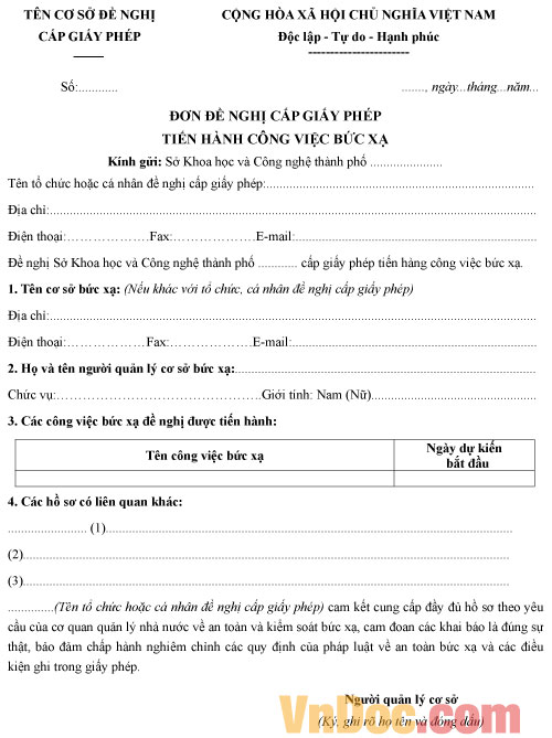 Mẫu đơn đề nghị cấp giấy phép tiến hành công việc bức xạ