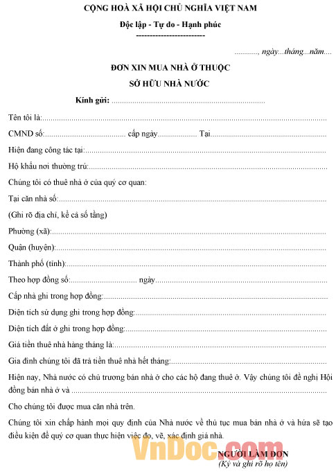 Mẫu đơn xin mua nhà ở thuộc sở hữu nhà nước