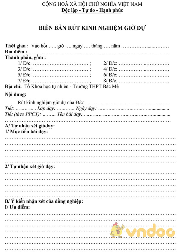 Mẫu biên bản rút kinh nghiệm giờ dự