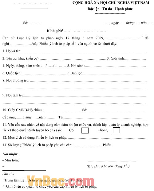 Mẫu văn bản yêu cầu cấp Phiếu lý lịch tư pháp