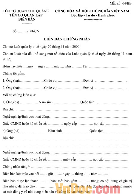 Mẫu biên bản chứng nhận