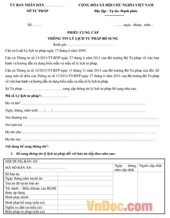 Phiếu cung cấp thông tin lý lịch tư pháp bổ sung