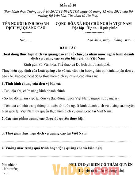 Báo cáo hoạt động thực hiện dịch vụ quảng cáo