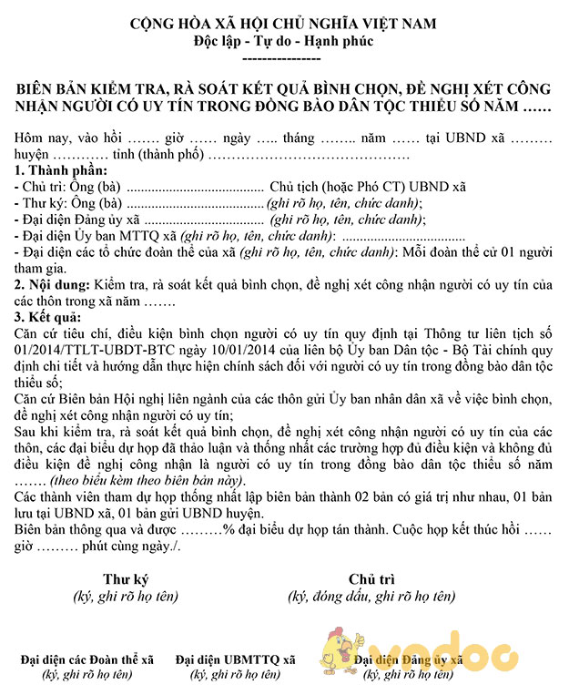 Biên bản kiểm tra, rà soát kết quả bình chọn, đề nghị xét công nhận người có uy tín trong đồng bào DTTS năm 2017