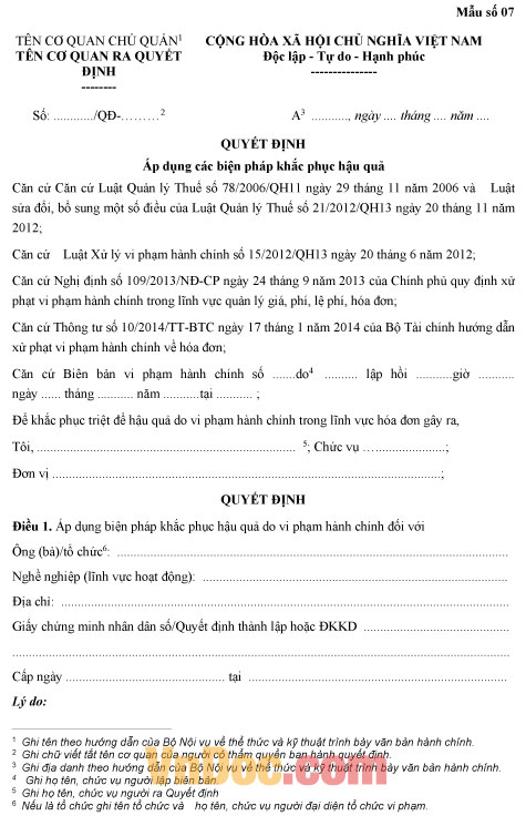 Quyết định áp dụng các biện pháp khắc phục hậu quả