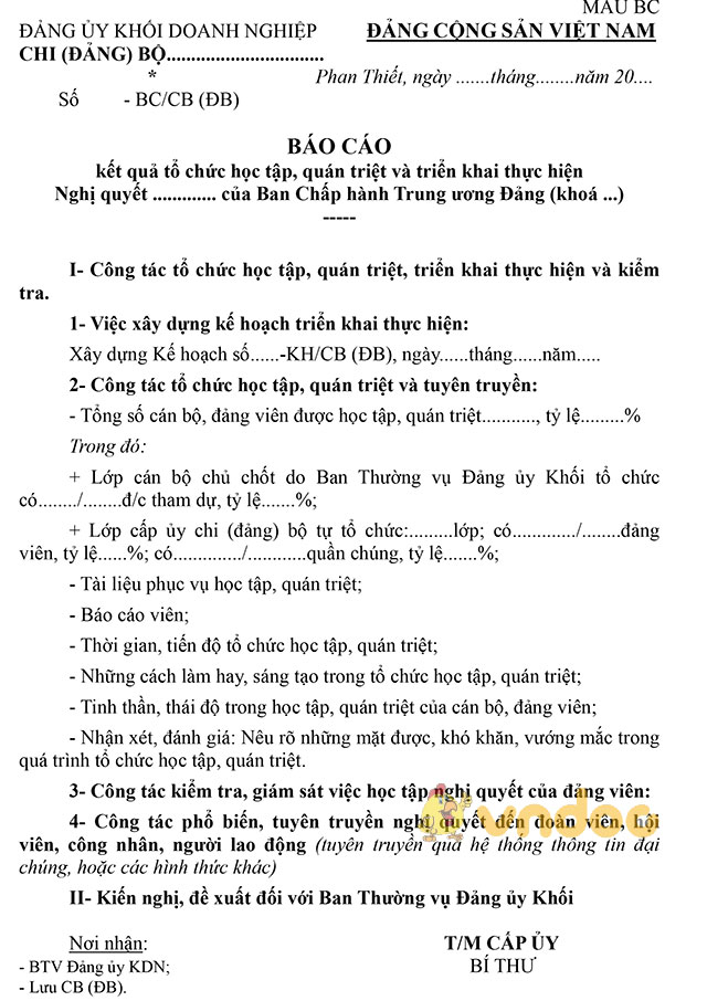 Mẫu báo cáo kết quả tổ chức học tập, quán triệt và triển khai thực hiện Nghị quyết của Đảng