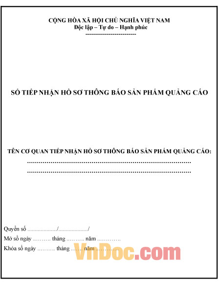 Mẫu sổ tiếp nhận hồ sơ thông báo sản phẩm quảng cáo