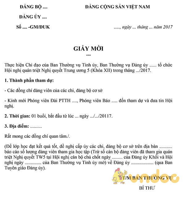 Mời các bạn tham khảo nội dung Giấy mời tham dự Hội nghị quán triệt Nghị quyết Trung ương 5 khóa 12: