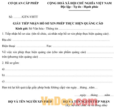 Mẫu giấy tiếp nhận hồ sơ xin phép thực hiện quảng cáo