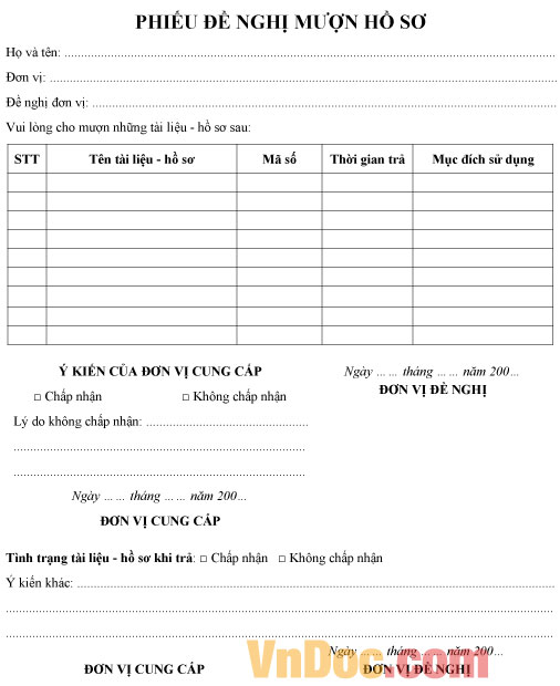 Mẫu phiếu đề nghị mượn hồ sơ mới nhất