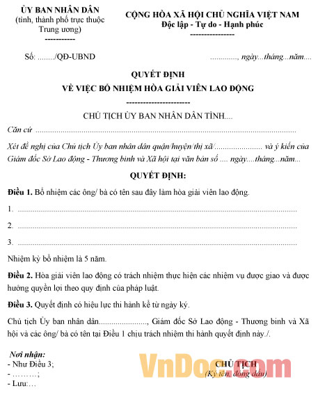 Mẫu quyết định bổ nhiệm hòa giải viên lao động