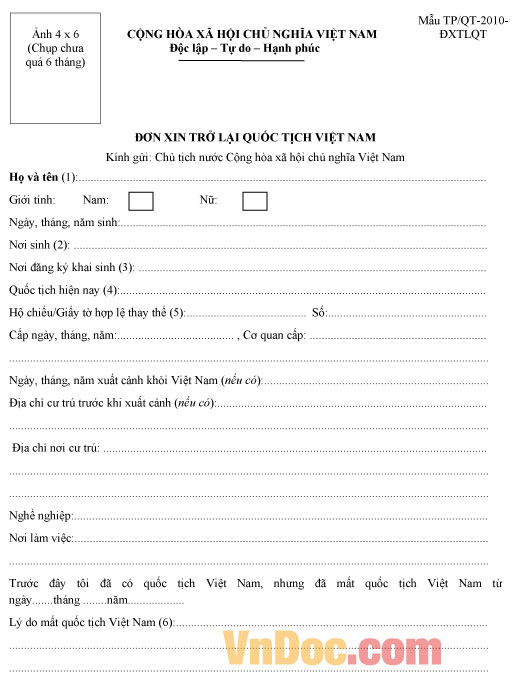 Đơn xin trở lại quốc tịch Việt Nam