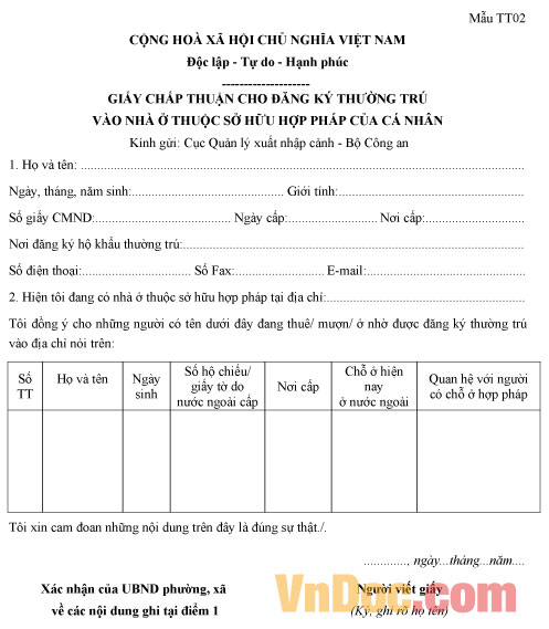 Giấy chấp thuận cho đăng ký thường trú vào nhà ở thuộc sở hữu hợp pháp của cá nhân