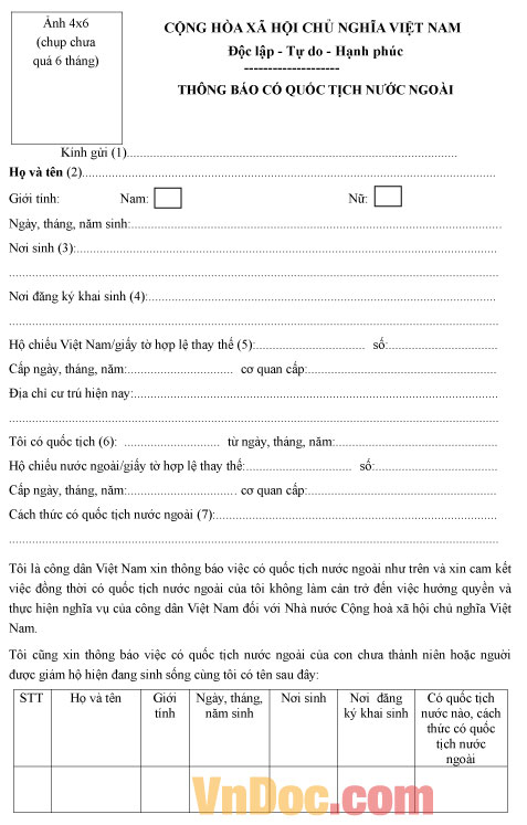Mẫu thông báo có quốc tịch nước ngoài
