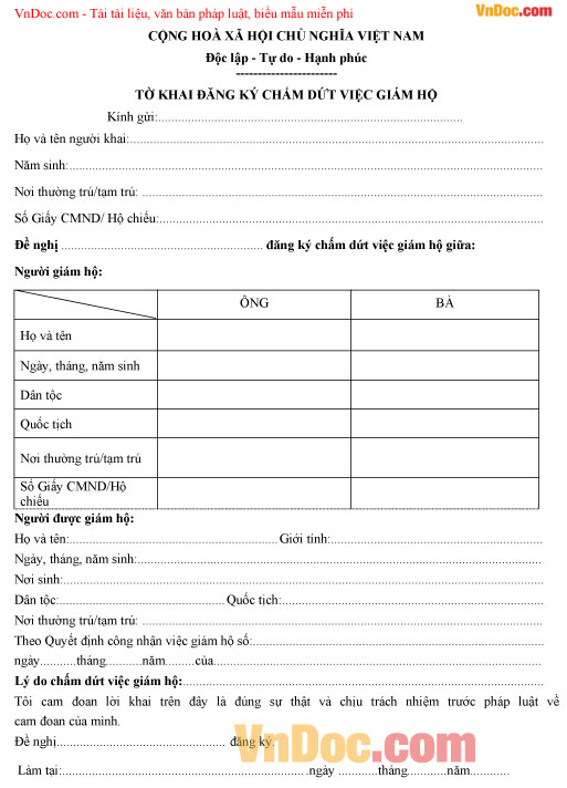 Mẫu tờ khai đăng ký chấm dứt việc giám hộ