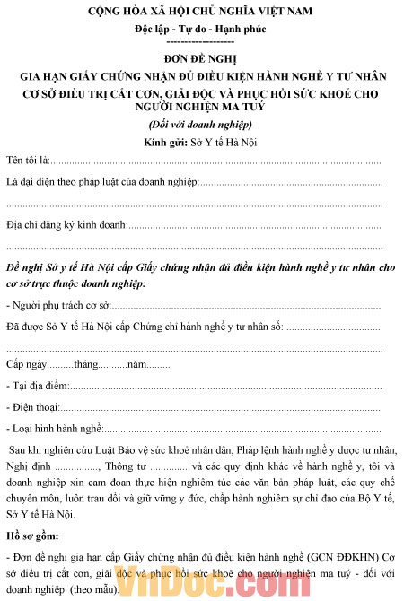 Mẫu đơn đề nghị gia hạn chứng nhận đủ điều kiện hành nghề y tư nhân mới nhất