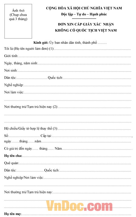 Đơn xin cấp giấy xác nhận không có quốc tịch Việt Nam