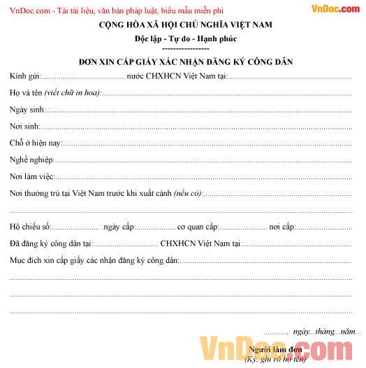 Đơn xin cấp giấy xác nhận đăng ký công dân