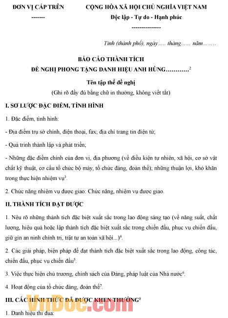 Mẫu báo cáo thành tích đề nghị phong tặng, truy tặng danh hiệu anh hùng