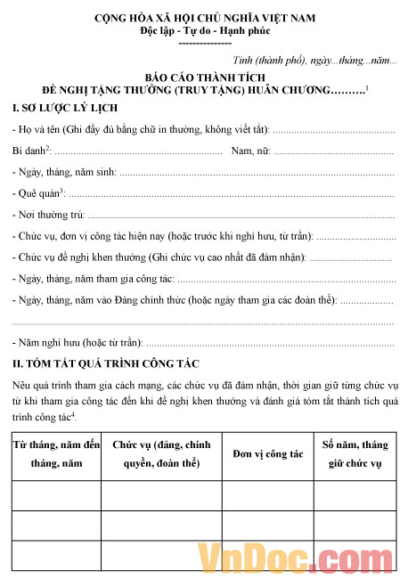 Mẫu báo cáo thành tích cá nhân đề nghị tặng thưởng huân chương