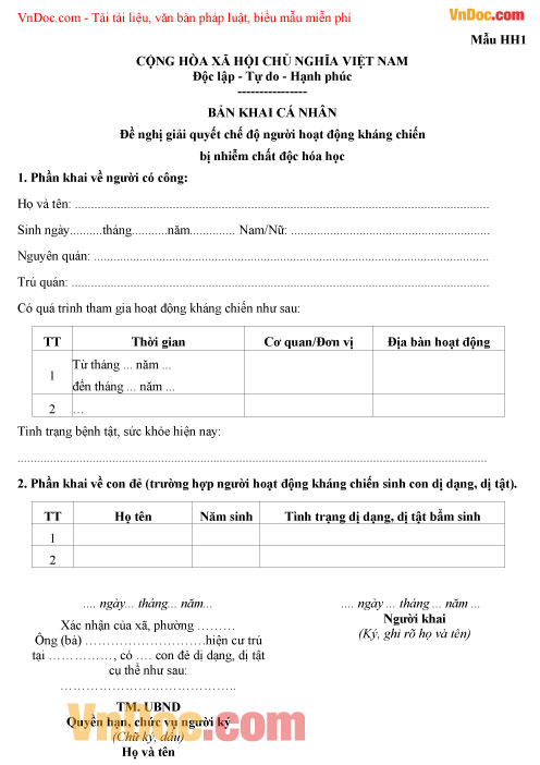 Mẫu tờ khai cá nhân cho người hoạt động kháng chiến