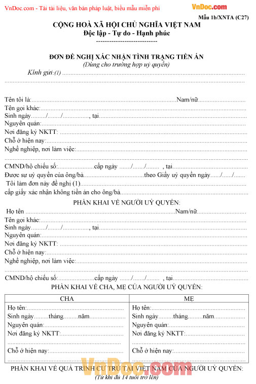 Đơn đề nghị xác nhận tình trạng tiền án dùng cho trường hợp ủy quyền