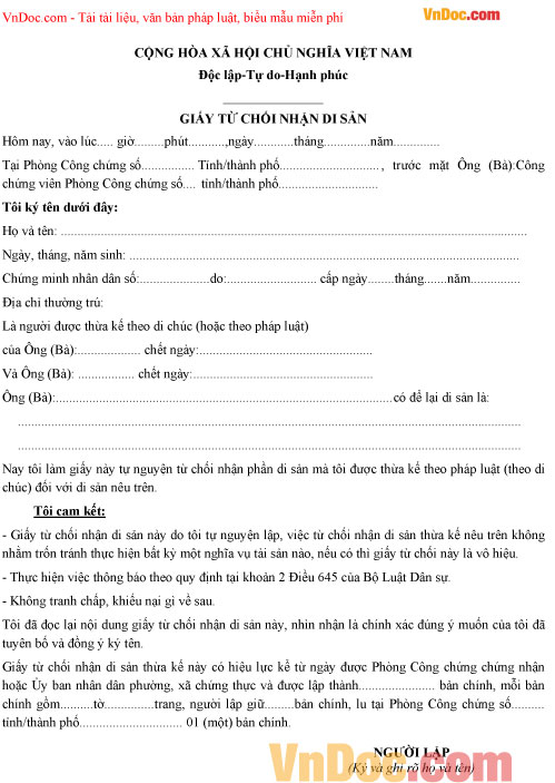 Giấy từ chối nhận di sản