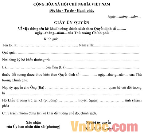 Giấy ủy quyền đứng tên kê khai hướng chính sách