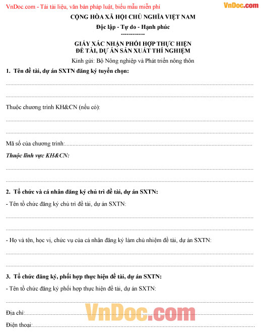 Mẫu giấy xác nhận phối hợp thực hiện đề tài, dự án sản xuất thử nghiệm