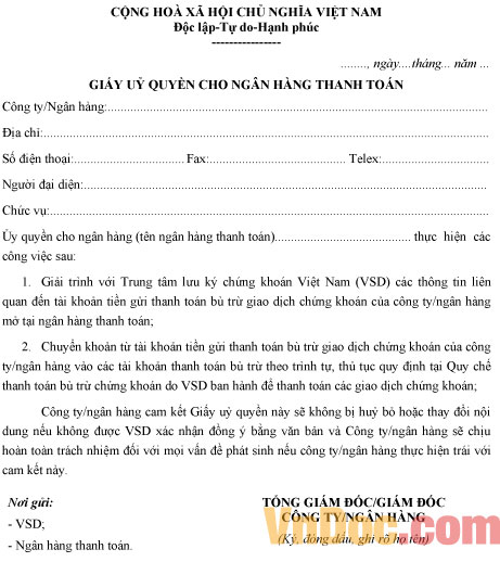 Mẫu giấy ủy quyền cho ngân hàng thanh toán giao dịch chứng khoán
