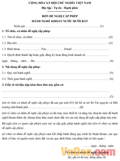 Đơn đề nghị cấp phép hành nghề khoan nước dưới đất