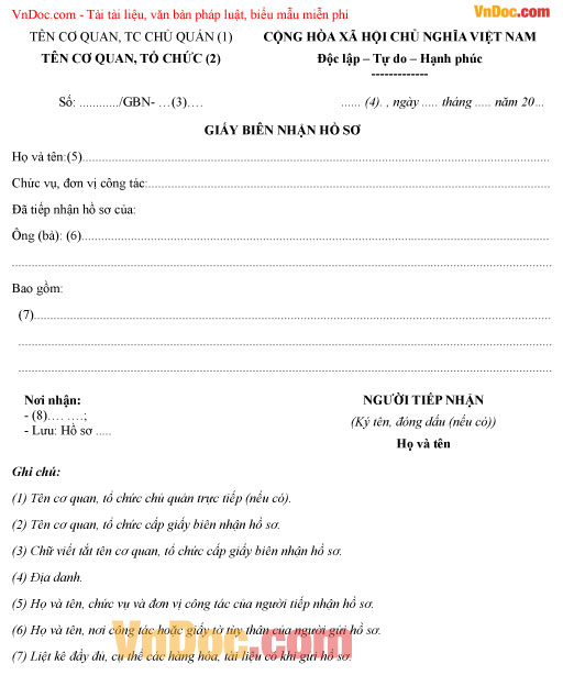 Mẫu giấy biên nhận hồ sơ mới nhất