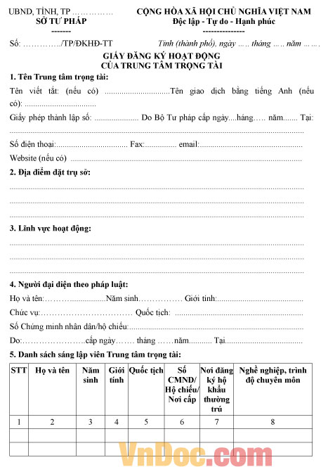 Mẫu giấy đăng ký hoạt động của trung tâm trọng tài