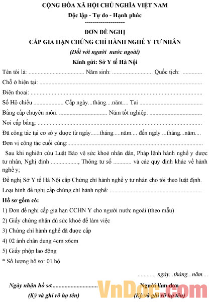 Mẫu đơn đề nghị gia hạn chứng chỉ hành nghề y tư nhân đối với người nước ngoài