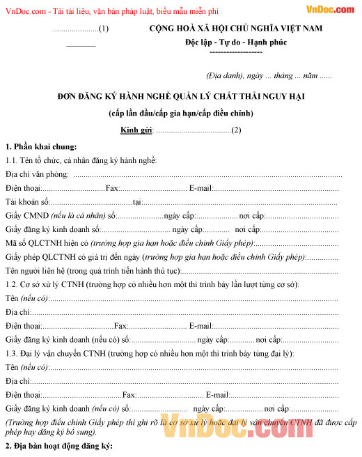 Mẫu đơn đăng ký hành nghề quản lý chất thải nguy hại