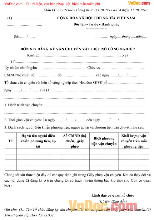 Mẫu đơn xin đăng ký vận chuyển vật liệu nổ công nghiệp