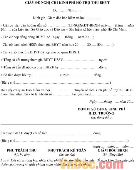 Mẫu giấy đề nghị chi kinh phí hỗ trợ thu BHYT học sinh sinh viên