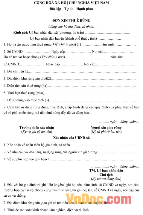 Mẫu đơn xin thuê rừng